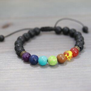 MIxed Color Gemstone with Black Lava Beads Adjustable Bracelet